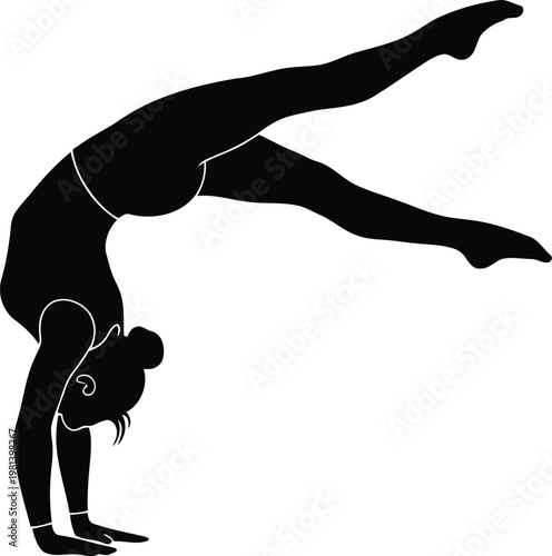 Black silhouette of a gymnast performing an artistic handstand balance pose isolated on white background