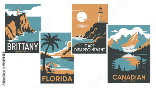 Vintage travel posters showcasing famous lighthouses and scenic landscapes from around the world.