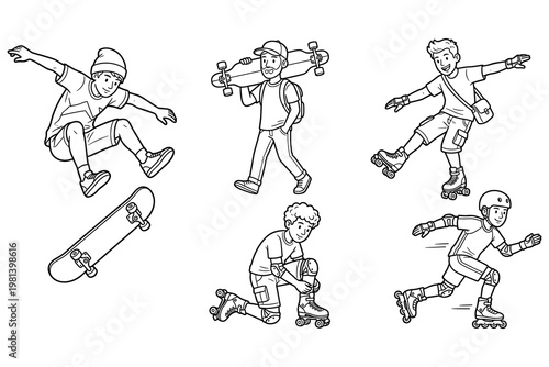 Skateboarders and rollerbladers in action a collection of line art illustrations.