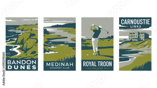 A collection of golf course posters featuring famous courses like Bandon Dunes, Carnoustie Links, and Royal Troon.