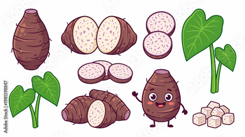 Cartoon taro root collection featuring whole tuber slices leaves and cute character mascot