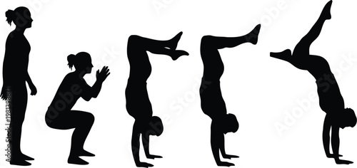 silhouette of woman performing handstand progression steps isolated on white background for fitness and gymnastics