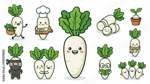 Daikon radish vector cartoon set with cute mascot characters, whole roots and slices