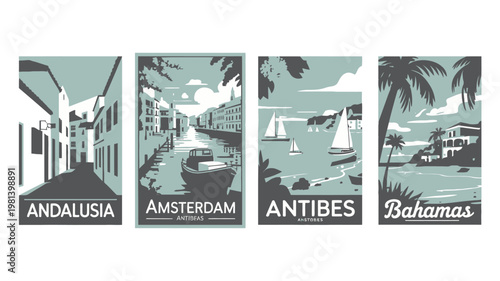 A set of vintage travel posters featuring iconic destinations around the world in a monochromatic color scheme.