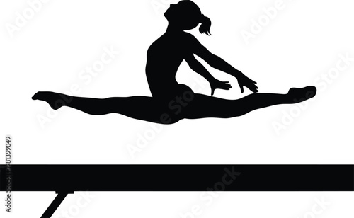 silhouette of female gymnast performing a split jump on a balance beam isolated white background