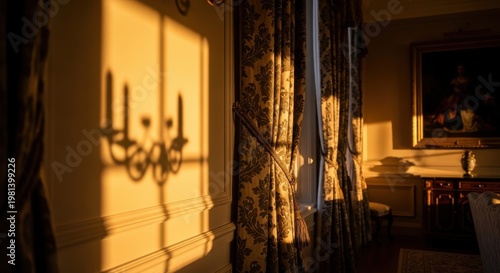 Damask patterned curtains filter golden hour sunlight casting ornate wall shadows in a warm, elegant room interior