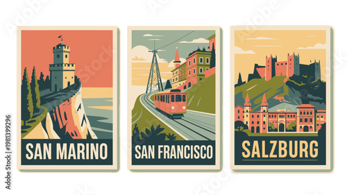 A set of vintage travel posters featuring iconic landmarks in San Marino, San Francisco, and Salzburg.