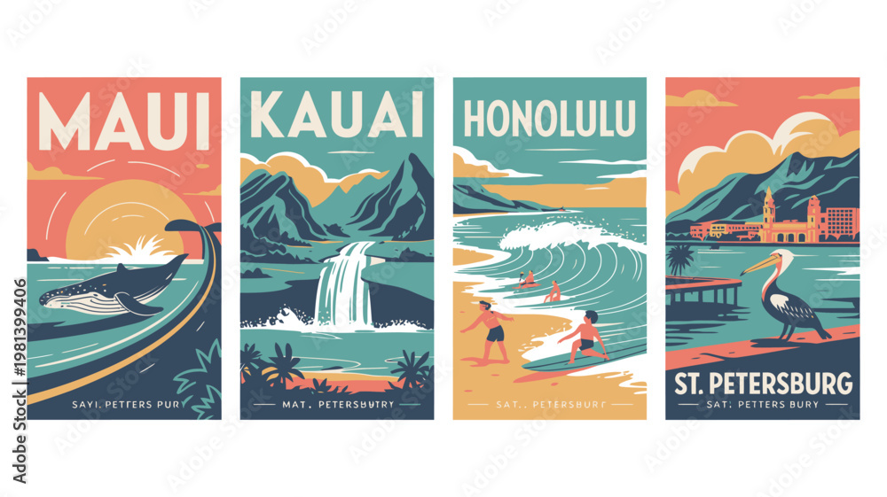 Obraz premium Vibrant travel posters showcasing beautiful destinations in Hawaii and Florida