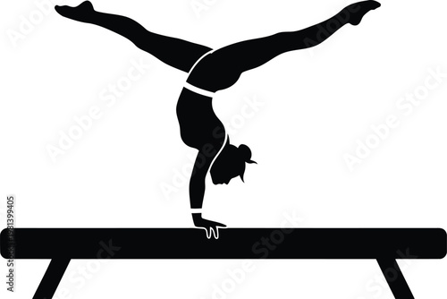 female gymnast silhouette performing a handstand split on a balance beam isolated on white background