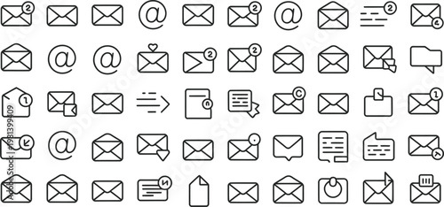 Email icons, mail symbols, communication signs, messaging graphics, 40 envelope illustrations