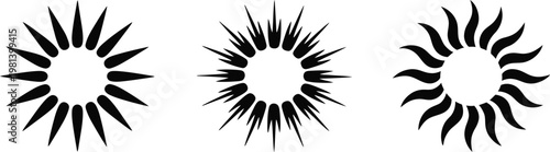 Black sunburst icons, solar flares, abstract symbols, vector graphics