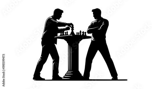 Two standing people silhouette playing chess on pedestal board strategic rivalry and decision making concept