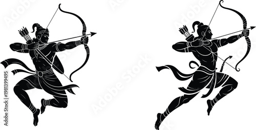 Archer, mythical warrior, black silhouette, bow and arrow, vector icons