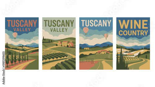 A set of vintage travel posters depicting scenic Tuscan landscapes with rolling hills and vineyards under a blue sky.