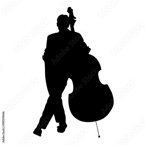A silhouette of a person leaning against a double bass, with legs crossed.