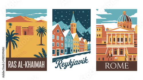 A vibrant illustration of three travel destinations, Ras Al-Khaimah, Reykjavik, and Rome, showcasing their unique cityscapes.