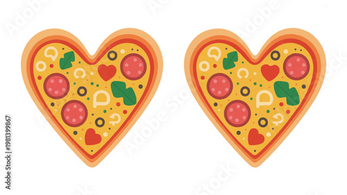 Two heart-shaped pizzas with salami and olives valentines day fast food romantic restaurant appetizer celebration delicious appetizing