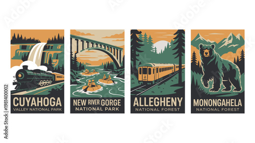 Vintage style travel posters for national parks and forests in the United States
