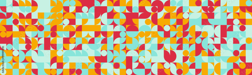 Fototapeta premium Vibrant midcentury modern geometric pattern. A playful, colorful design featuring squares, circles, and semicircles in teal, orange, and red.