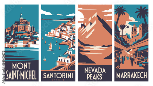 A vibrant illustration of four travel destinations, including Mont Saint-Michel, Santorini, Nevada Peaks, and Marrakech.