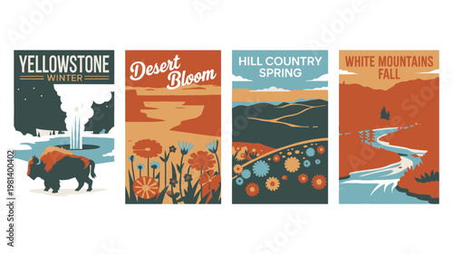 A collection of four travel posters featuring national parks and seasonal landscapes in a vintage style
