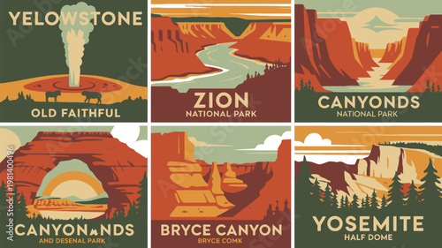 A collection of vintage-style travel posters featuring iconic national parks in the United States