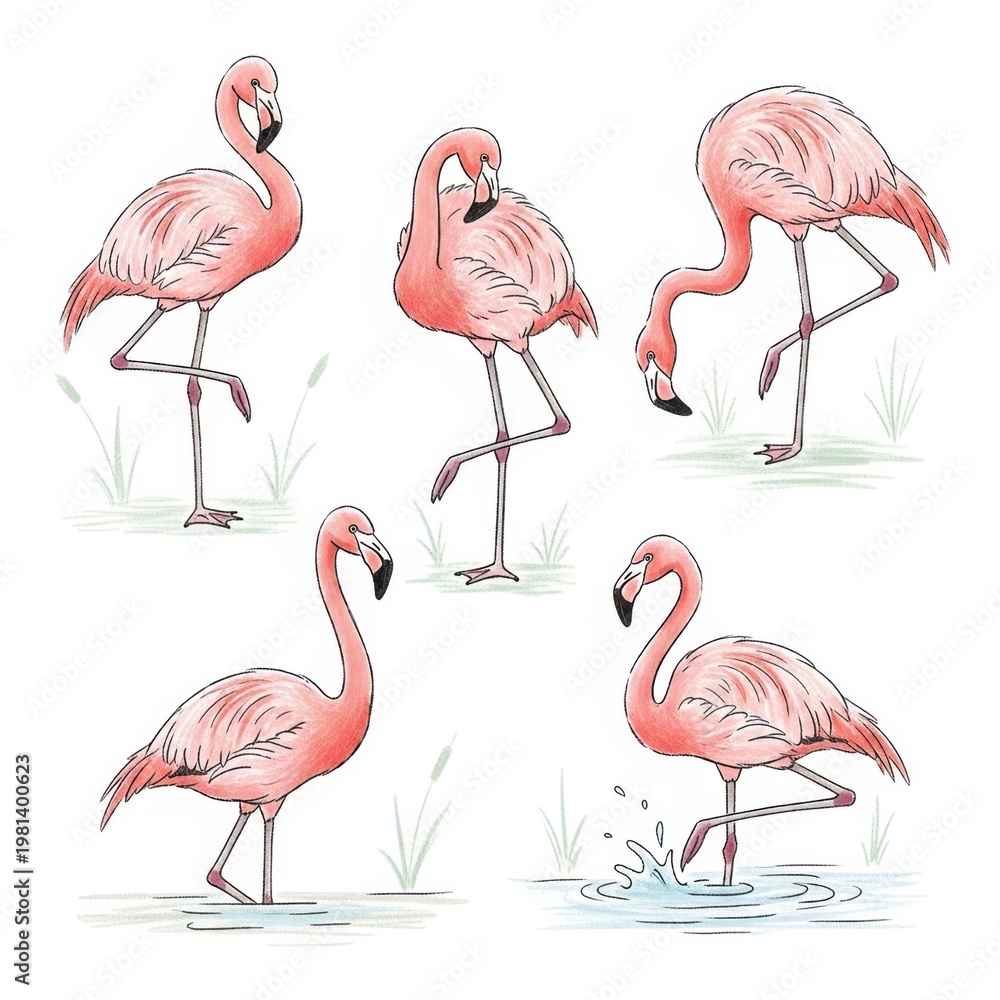 Obraz premium Flamingos in various poses on white background illustration