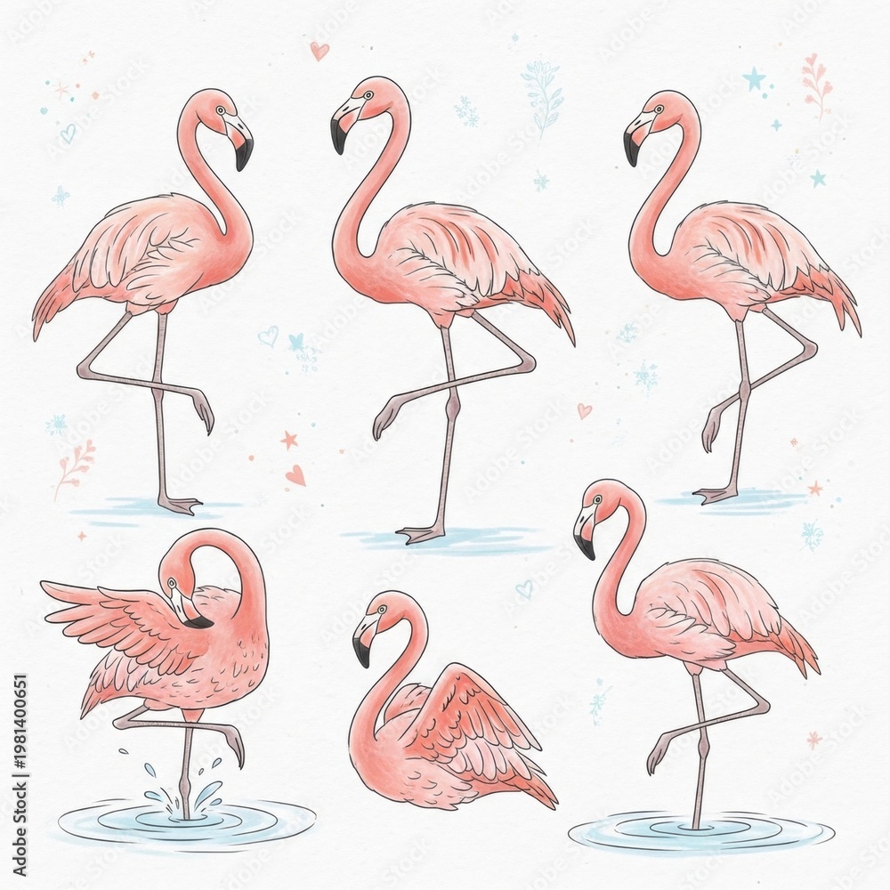 Obraz premium Flamingos in various poses on white background with water