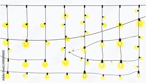 Glowing string lights hung against a white background