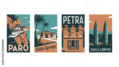 Vibrant travel posters showcasing iconic landmarks and cities around the world in a modern design style.