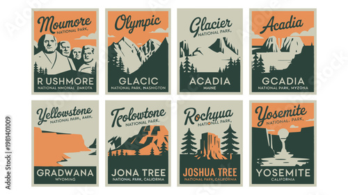 A collection of vintage style travel posters for national parks in the United States of America