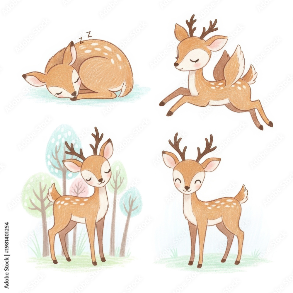 Obraz premium Adorable Deer Illustrations in Forest Setting with Trees