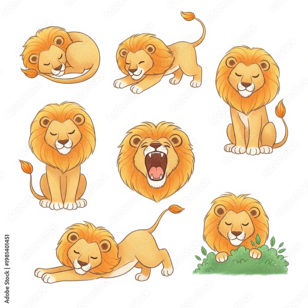 Fototapeta premium Cartoon lion illustrations in various poses and emotions