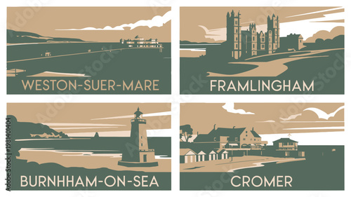 Vintage travel posters of Weston-super-Mare, Framlingham, Burnham-on-Sea, and Cromer in a nostalgic illustration style