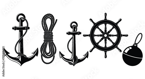 A collection of nautical icons including anchors and a ship's wheel