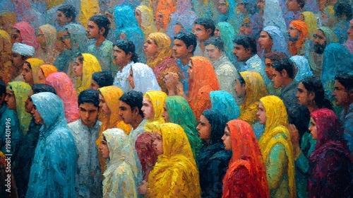 Painted crowd, textured faces, collective presence