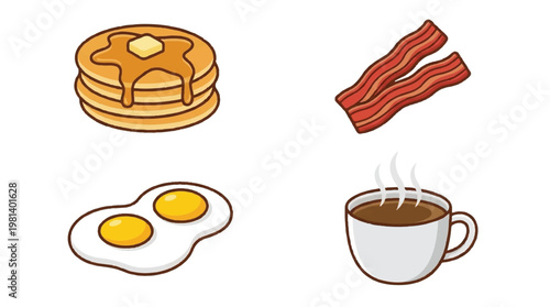 Breakfast meal icons: pancakes bacon fried eggs coffee with hot drink maple syrup egg yolk food illustration flat design white background