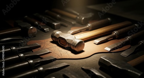 A Vintage Collection of Heavy Metal Hand Tools Including Hammers and Chisels on a Leather Surface