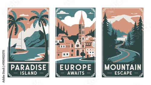 Vintage travel posters showcasing paradise island, Europe, and mountain escape destinations