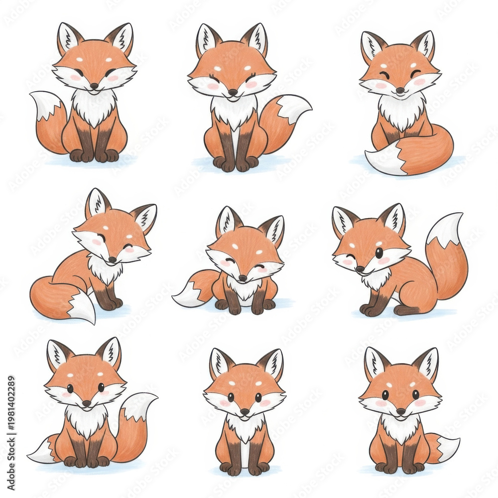 Obraz premium Cute cartoon foxes in various poses and expressions