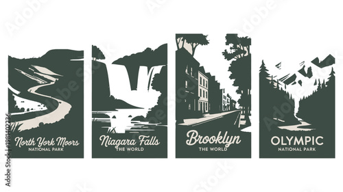 A set of travel posters featuring iconic destinations around the world in a vintage style