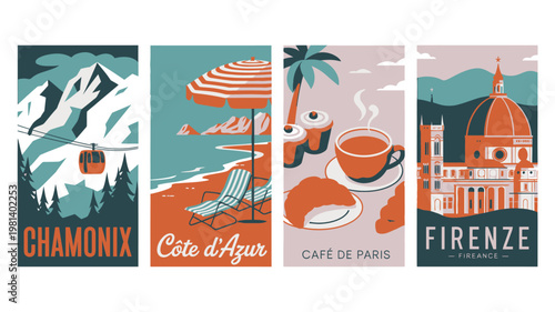 Vintage travel posters showcasing famous destinations in France and Italy