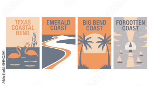 A graphic illustration of four different coastal regions in Texas, featuring unique landmarks and scenery.