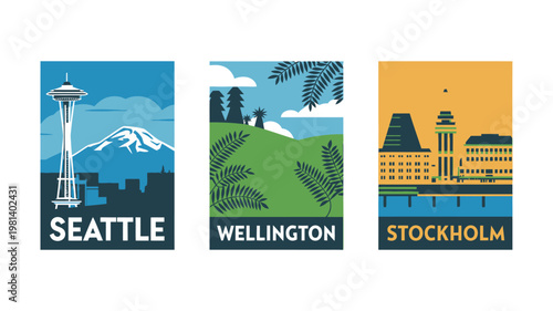 A vibrant illustration of three city skylines, Seattle, Wellington, and Stockholm, showcasing their unique landmarks and cultural identity.