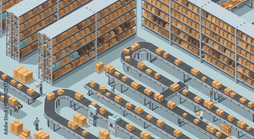 Isometric warehouse with conveyor belts and boxes, illustrating logistics and supply chain operations