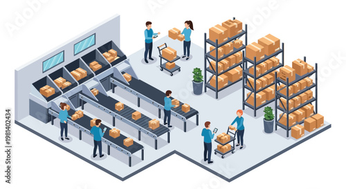 Isometric warehouse with workers and conveyor belts showing logistics and distribution process