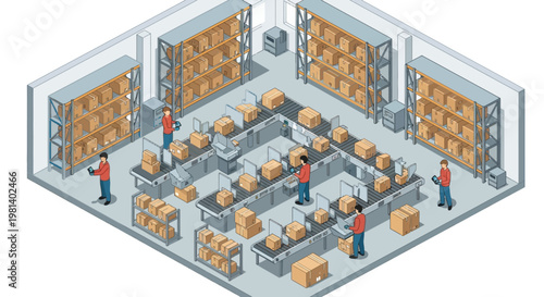Isometric illustration of a busy warehouse with workers and conveyor belts moving packages