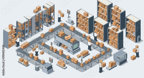 Isometric view of a busy logistics warehouse with workers and conveyor belts