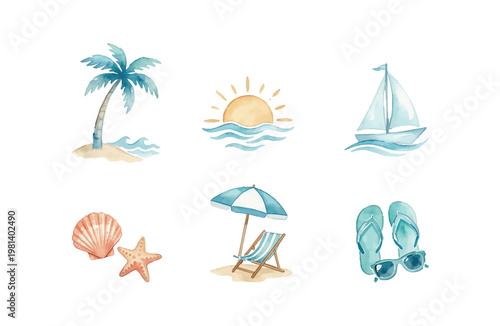 Watercolor beach icon set isolated on white background summer vacation elements