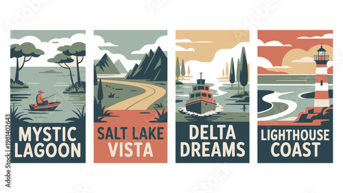 A collection of vintage travel posters featuring serene landscapes and scenic destinations.